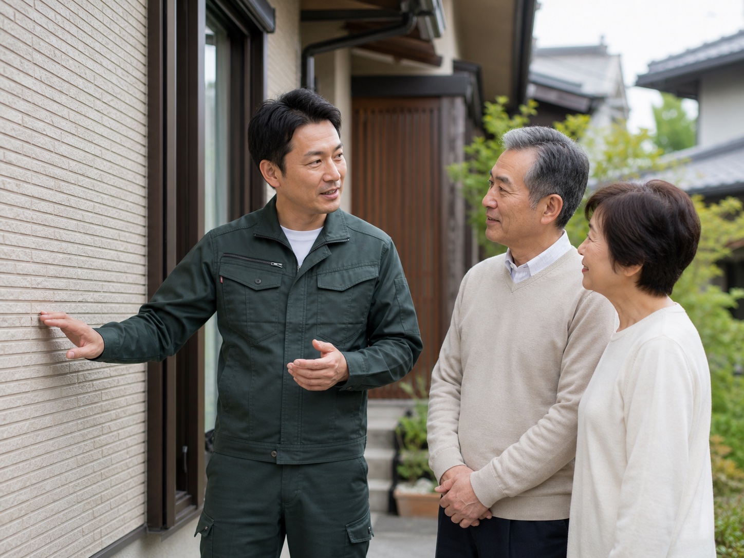 外壁の状態を説明する職人と相談するご夫婦